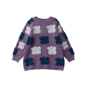 不等式 紫色立体花朵圆领毛衣女宽松慵懒风软糯中长款羊毛针织衫