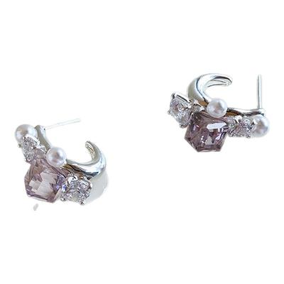 紫色水晶耳环圈圈纯银针耳钉女