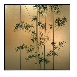 小红书法式中国风手绘竹子金箔漆画屏风折叠隔断客厅拍摄沙发背景