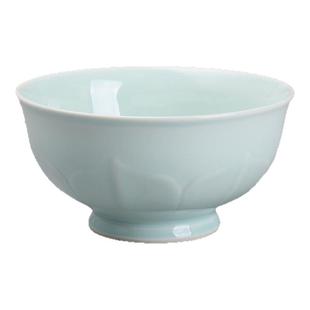 青瓷高脚家用陶瓷碗好看吃饭碗高档中式瓷碗防烫刻花碗盘套装碗