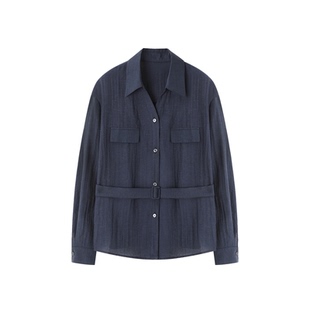 XWI欣未含亚麻莱赛尔长袖衬衫女2026春季宽松收腰显瘦藏青色衬衣