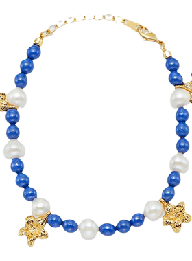 折扣款RoundFace 蓝色锆石珍珠花朵串珠手链镀金法式复古礼物