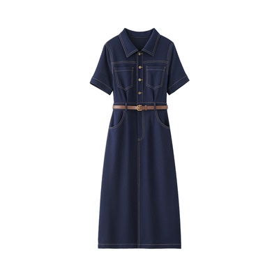 百家好韩系复古收腰仿牛仔连衣裙