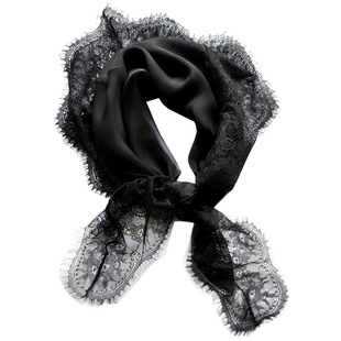 赫本风丝巾女2025新款小方巾高档时尚百搭冬睫毛蕾丝黑色真丝颈饰