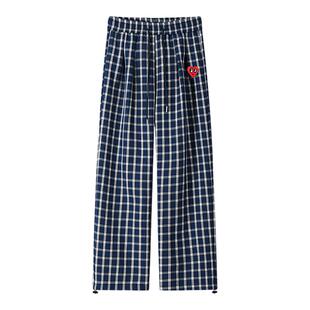 查尔斯桃心 复古蓝色格子裤子男女新款春夏秋季宽松直筒休闲长裤