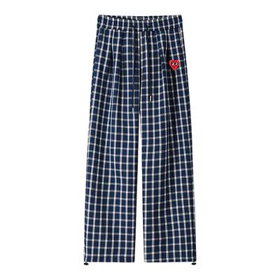 查尔斯桃心复古蓝色格子裤子男