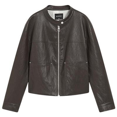 KBNE圆领短款棕色外套女2026春新款摩登复古气质皮衣PU皮夹克上衣