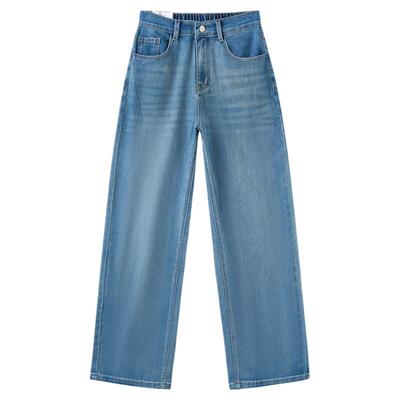 快鱼2026夏季女装宽松直筒蓝色牛仔裤简约阔腿显瘦休闲遮胯长裤子