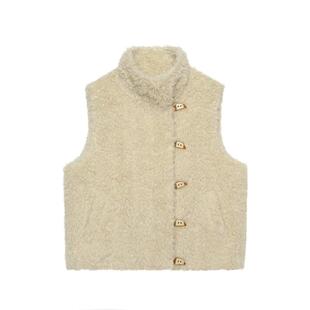 LLANO不对称门襟毛绒马甲复古法式温柔叠穿上衣内搭外穿女秋冬季