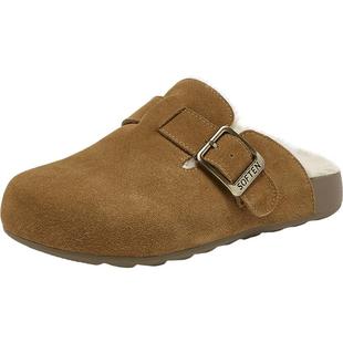 百思图2025冬季新款真皮厚底勃肯鞋加绒保暖女毛毛鞋拖鞋D3788DH5