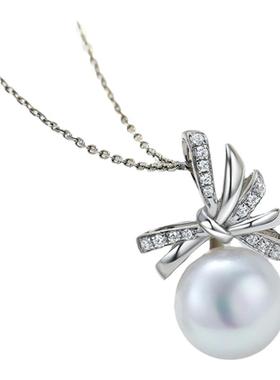 S925纯银女蝴蝶结珍珠吊坠项链