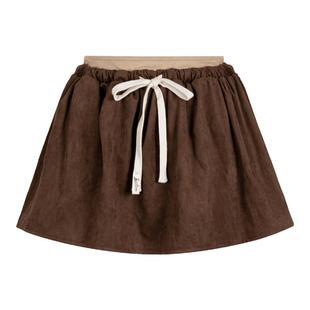 Liilou 慵懒复古 磨毛麂皮 撞色腰头拼接花苞短裙