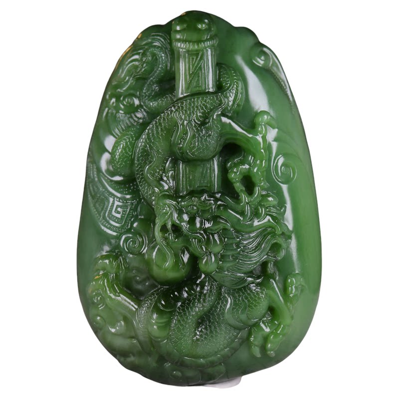 (古晨珠宝) 俄罗斯和田玉粉绿碧玉龙把件手玩摆件龙腾盛世206g