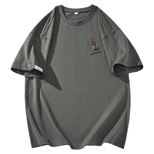 男生美式刺绣t恤短袖男款夏季上衣纯棉宽松半袖2025新款体恤上衣