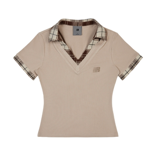 FDR官方店 V领拼接格纹辣妹短袖t恤女夏季修身显瘦体恤上衣送工牌