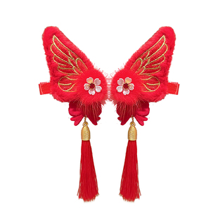 2026新年古风发饰女孩汉服头饰超仙流苏发夹儿童毛绒红色春节发卡