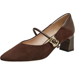 TATA他她女鞋粗跟玛丽珍鞋黑色高跟鞋小皮鞋2025羊皮单鞋XGM01AQ5