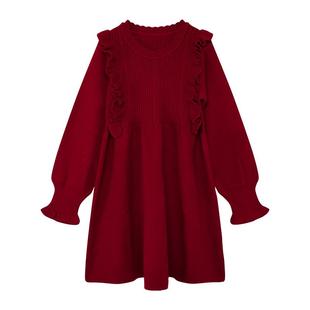 左西童装女童红色连衣裙儿童秋冬季2025新款女孩大童新年服荷叶裙