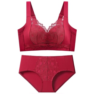 酒红色调整型内衣女小胸聚拢无钢圈文胸收副乳上托防下垂奶罩套装