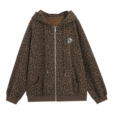 大码胖mm初冬装巨好看的加绒加厚卫衣外套女秋季豹纹拉链连帽开衫