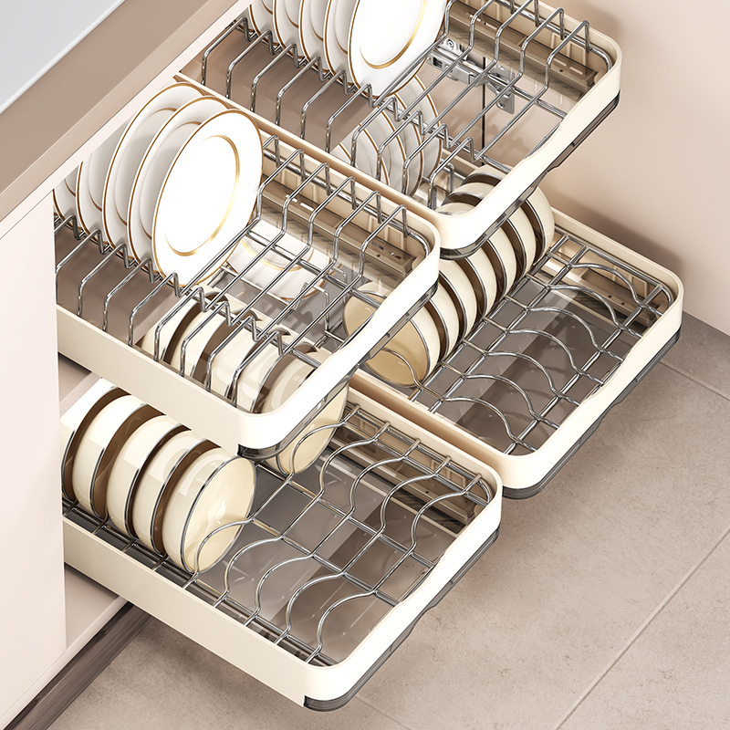 厨房拉篮碗碟餐具置物架橱柜碗盘收纳架沥水架家用放碗架抽屉式