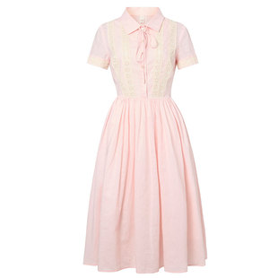 青的衣橱 复古vintage收腰腰带正肩短袖蕾丝连衣裙棉麻赫本风伞裙