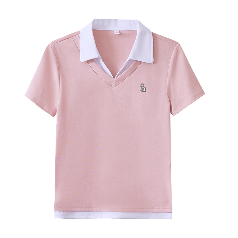 翻领短袖t恤女假两件上衣polo衫