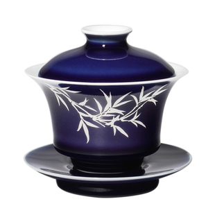 景德1004 全手工制高温霁蓝釉手绘描银风竹中式泡茶三才盖碗130ml