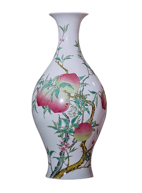 皇窑花瓶粉彩寿桃纹橄榄瓶景德镇陶瓷器中国风古典家居装饰品摆件