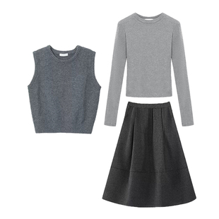 秋冬穿搭一整套女新款设计感马甲打底衫半身裙子三件套装P2966