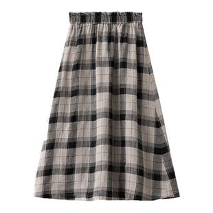 梭家｜海边森林｜文艺复古纯亚麻格纹半身裙春季女踏春中长棉麻裙