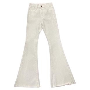 李李服饰加绒白色蝴蝶结少女微喇叭牛仔裤2025冬季高腰提臀毛边裤