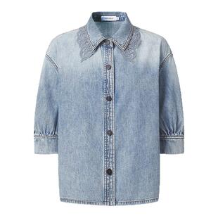 VGRASS维格娜丝夏季新款意大利进口牛仔中袖衬衫截短式蕾丝边上衣