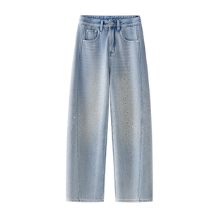 满天星烫钻弯刀牛仔裤女2026冬季高腰显瘦今年流行加绒窄版阔腿裤