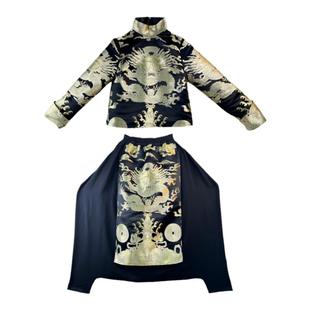 锦秀儿原创定制新中式龙袍两件套黑底金龙中国风短上衣哈伦裤套装