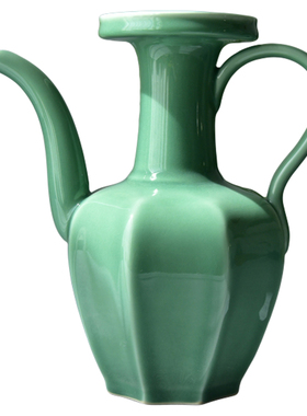 龙泉青瓷仿宋瓜棱壶执壶特大号中式陶瓷风水摆件招财纳福玄关客厅