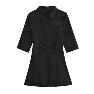 性感Polo领白衬衣女装七分袖气质收腰A字裙时尚个性中长款衬衫裙