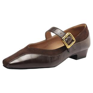 星期六羊皮单鞋女新款棕色法式绒面瓢鞋粗跟通勤玛丽珍女鞋子