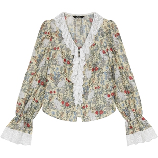 妖精的口袋原创满印蕾丝拼接衬衫女2026年早春新款设计感雪纺衫