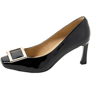 [博主推荐]康莉春季新款高跟单鞋女方头真皮通勤时尚方扣浅口鞋子