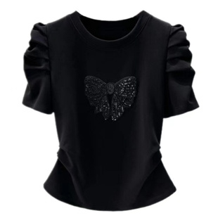 2025夏装新款设计感泡泡袖短袖T恤修身显瘦蝴蝶结亮片装饰上衣 女