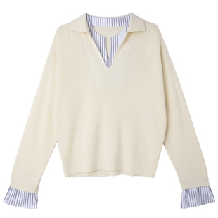 德玛纳舒柔淡人V字翻领针织衫女26春季新款条纹拼接气质线衫上衣