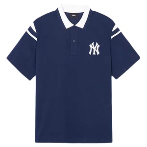 MLB男女同款POLO衫老花翻领休闲印花短袖NY情侣t袖青少年半袖衫潮