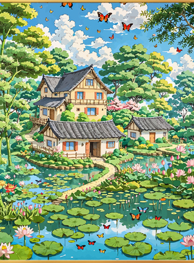 治愈系田园荷塘卡通风景数字油画diy填充画画填色丙烯油彩画手工