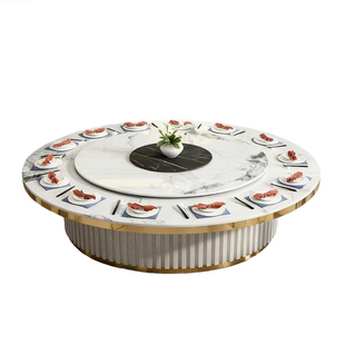 现代极简酒店轻奢岩板电动餐桌大圆桌饭店大理石隐形电磁炉宴会桌