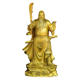 纯黄铜关帝神威摆件室内供奉武财神像关帝关二爷立刀关公铜像摆件