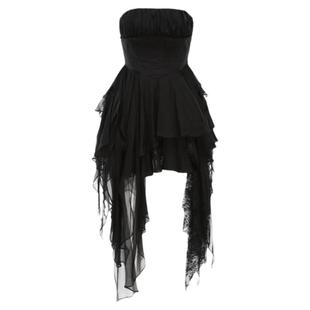 Elywood黑色抽皱抹胸连衣裙短款小个子高级感遮肉显瘦宴会礼裙女