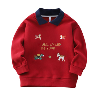 男童棉一体加奥粒绒翻领Polo过新年卫衣冬新中大儿童装红色马年服