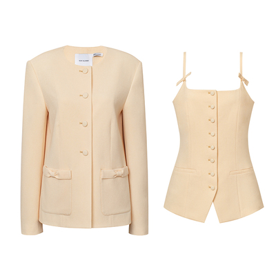 TOP家 明媚早春 法式油画风奶油黄蝴蝶结圆领西装外套+吊带背心