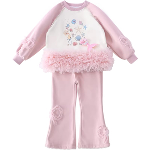 米米哈罗女童套装春装2026新款女孩休闲套装儿童卫衣喇叭裤两件套